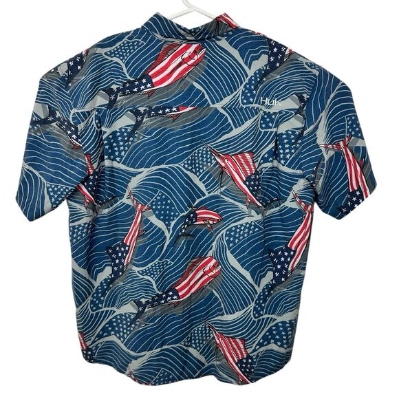 HUK Fishing Shirt Button Down USA Patriotic Sport Fish Mens Sz L Blue Red White - Picture 4 of 8